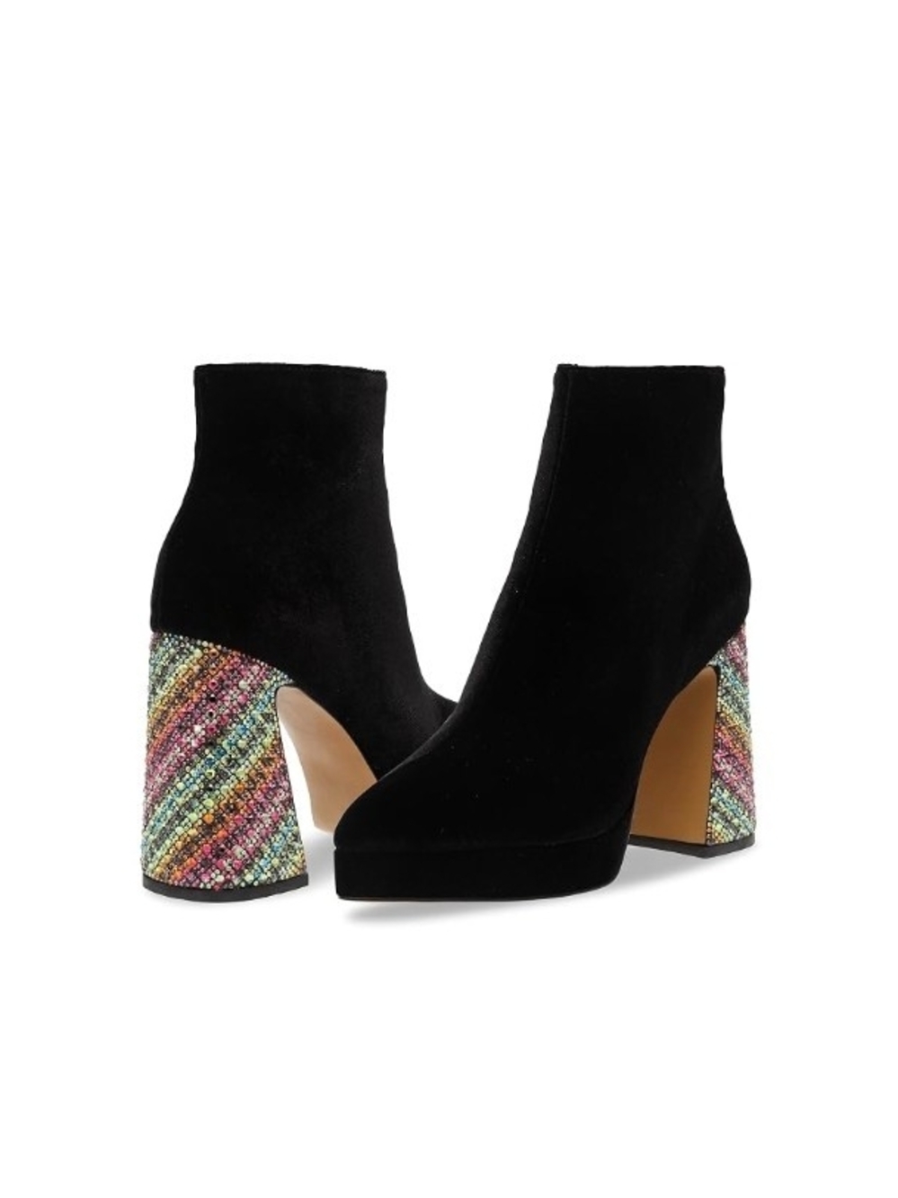 Betsey Johnson Black Velvet Ankle Boots with Multicolor Beaded Block Heel NWOB